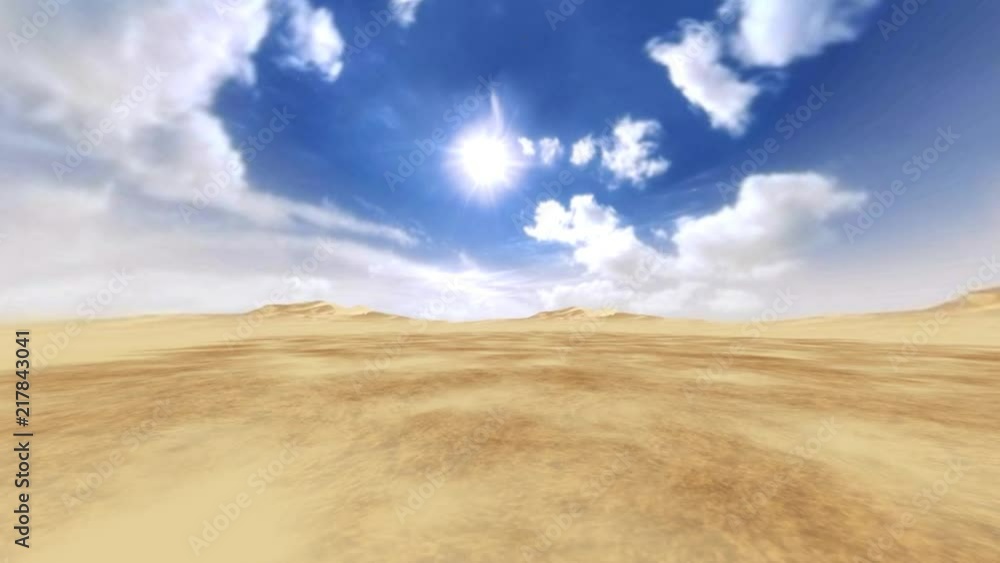 3d moving over sandy desert with blue sky