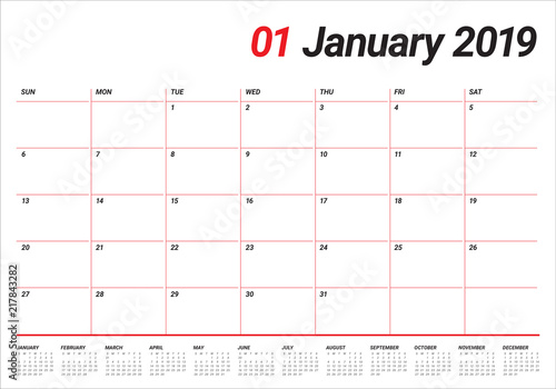 January 2019 desk calendar vector illustration