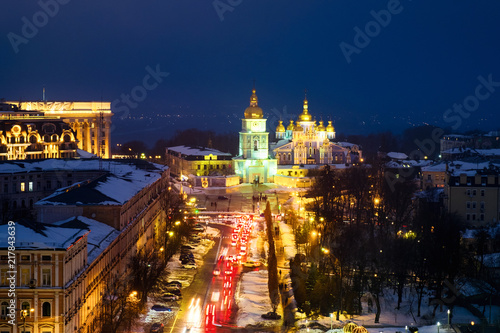 Kyiv, Ukraine, with a view of the St Michaels Golden - Domed Monastery and traffic