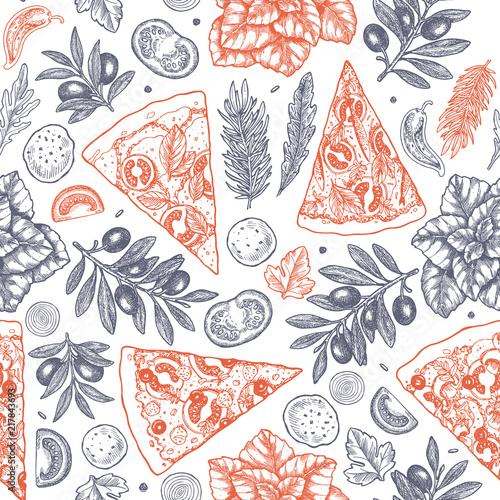 Tasty food background. Linear graphic. Snack collection. Junk food. Engraved seamless pattern. Vector illustration