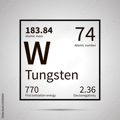 Tungsten chemical element with first ionization energy, atomic mass and electronegativity values ,simple black icon with shadow on gray