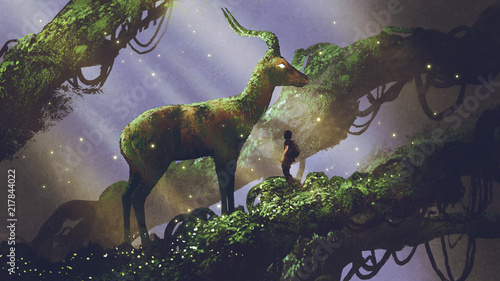 young hiker found giant deer statue covered with moss and lichen while traveling in the forest  digital art style  illustration painting