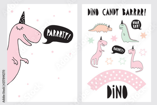 Cute Dinosaurs Vector Candy Bar Illustration. Cake Topper Set. Hand Drawn Pink, Mint Green and Beige Dinos with Black Paper Hats. Black Speech Bubbles with White Text Inside. White Background.