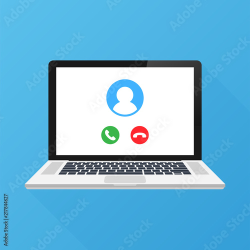 Video call on laptop screen. Laptop with incoming call, man profile picture and accept decline buttons