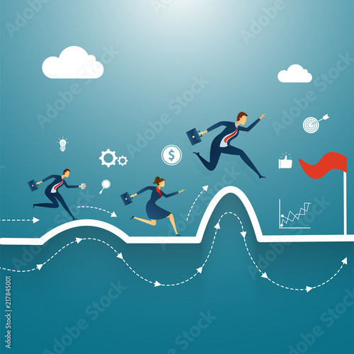 Business people running towards their goal, overcome or compete with obstacles on shiny blue background with infographic elements.