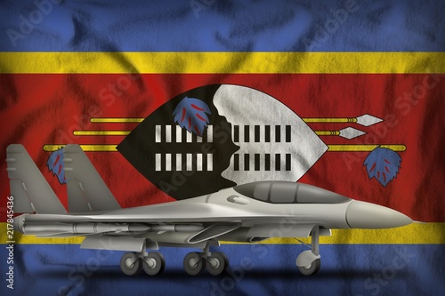 fighter, interceptor on the Swaziland state flag background. 3d Illustration