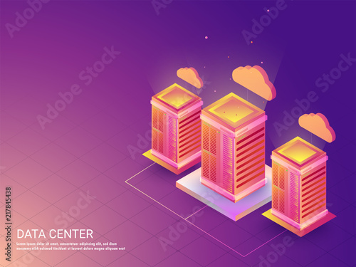 Three data or cloud servers connected with each other on shiny purple background for data center web template design.