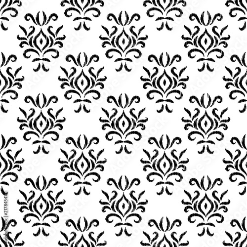 Black and white damask ikat ornament geometric floral seamless pattern, vector