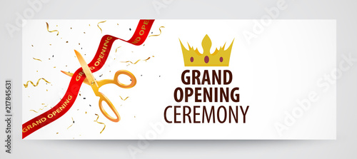 Grand opening card design with red ribbon