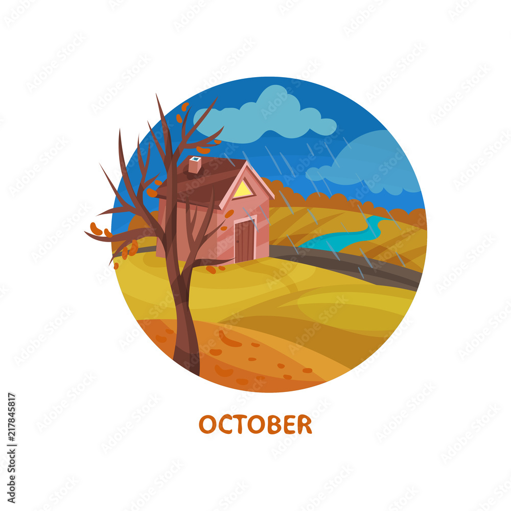 Flat vector icon in circle shape with little house, tree with fallen leaves, river and field. Rainy October day. Autumn season