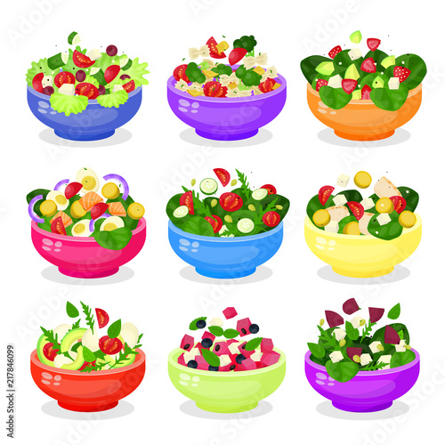Salad in bowl vector icon set isolated from background
