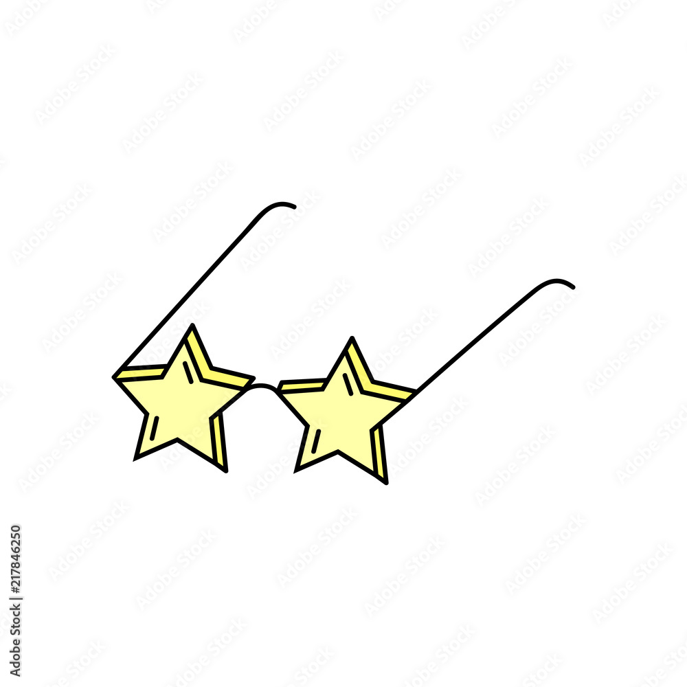 Vettoriale Stock Star shaped sunglasses, vector hand drawn illustration.  Cute star glasses doodle icon, black outline. | Adobe Stock