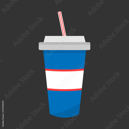 Blue paper cup with red and white striped straw and grey cap. Cinema beverage, soda water or soda pop on grey background.