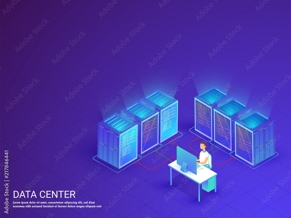 Shiny blue data server connected with each other, analyst analysis the data on blue background. Responsive web template design for Data Center.