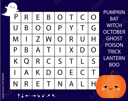 Educational game for children. Word search puzzle kids activity. Halloween theme learning vocabulary