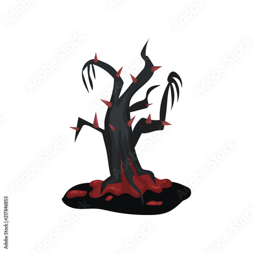 Black terrible tree with bloody red thorns. Cartoon landscape element. Halloween theme. Flat vector for mobile or computer game