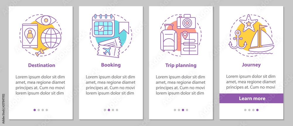 Travel organization onboarding mobile app page screen with linea