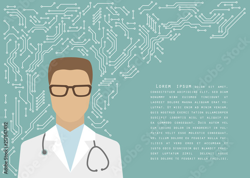 Male doctor with a stethoscope on the printed circuit board microchip lines, vector