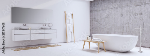 new modern zen bathroom with white and concrete wall. 3d rendering