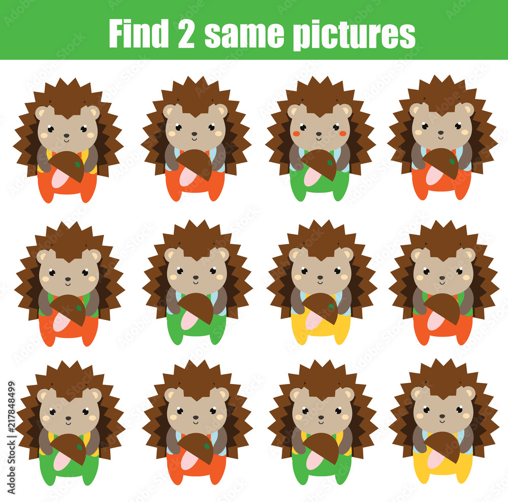 Find the same pictures children educational game. Find two identical hedgehog Find the same pictures children educational game. Find two identical hedgehog