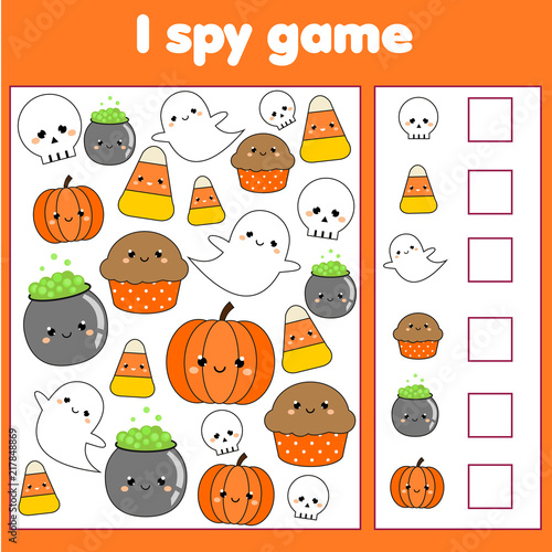 I spy game for toddlers. Find and count objects. Counting educational children activity. Halloween theme