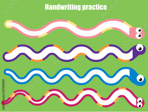 Handwriting practice sheet. Educational children game, printable worksheet for kids. Snakes and wavy lines
