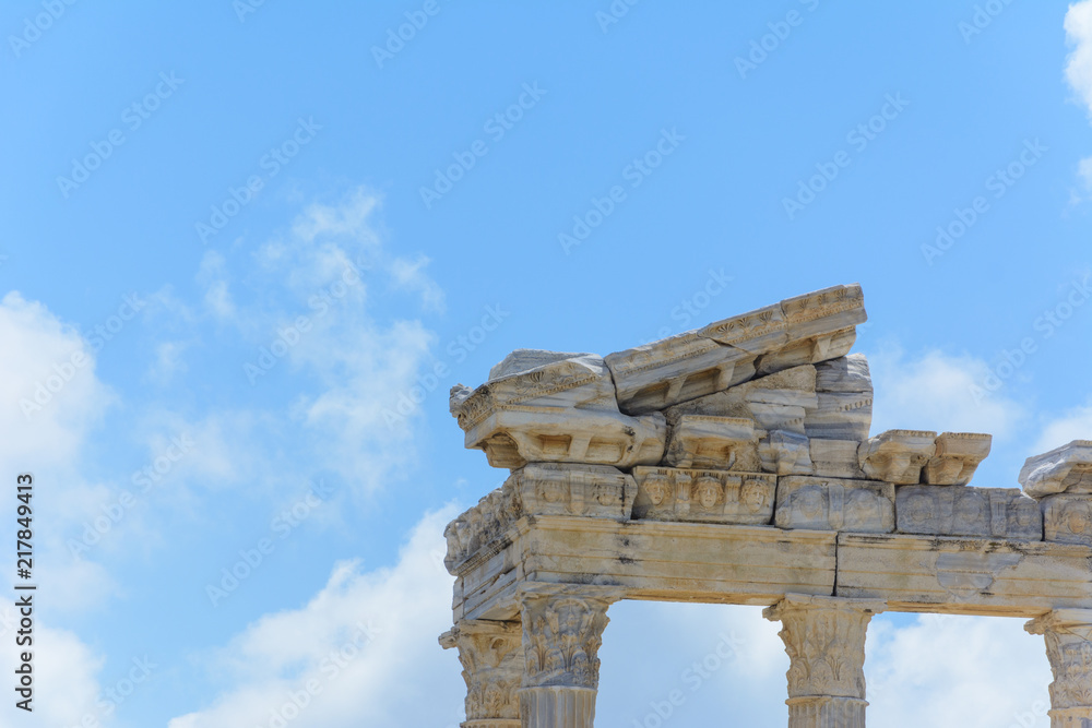 bottom view of the ruins of the ancient temple of Apollo. Side, Turkey