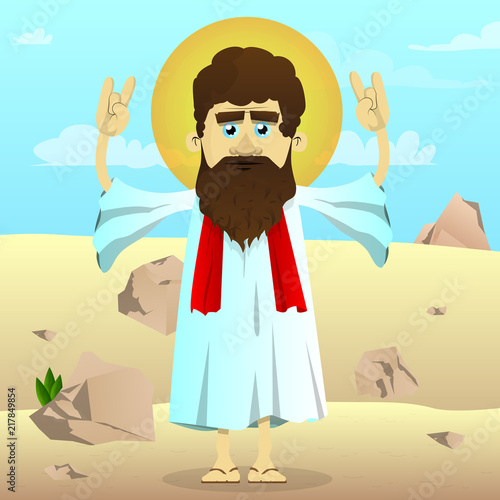 Vector illustrated cartoon Jesus with hands in rocker pose standing in the desert.