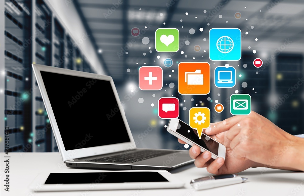 Male hand holding smartphone with icons Male hand holding smartphone with icons