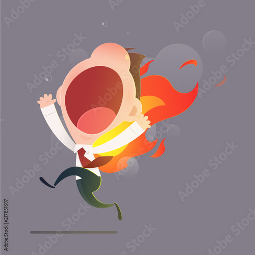 Businessman character running with back on fire against gray background. Deadline and rush hour. Vector and Illustration.