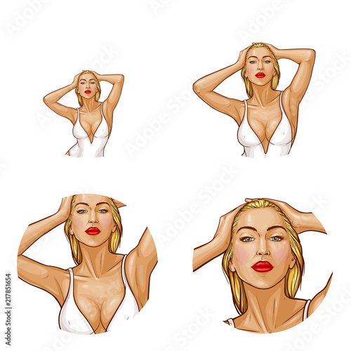 Vector pop art avatar of blonde woman in white one-piece swimming suit isolated in circle for networking. Sexy character with wet hair in underwear for internet chat, blog.