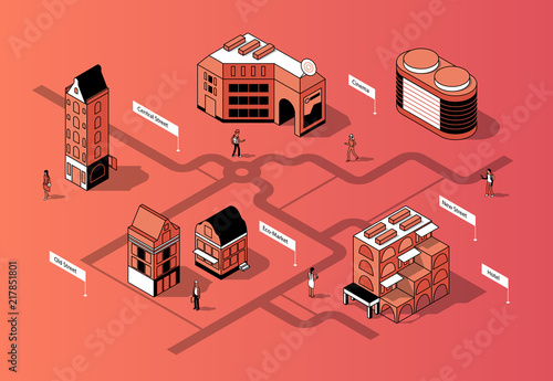 Vector 3d isometric city center. Square with eco market, cinema and houses. District with sidewalk and people between buildings in orange colors. Urban concept, scheme or map of town.