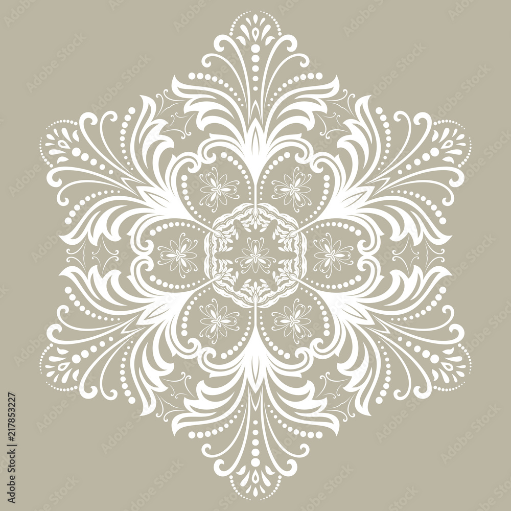 Elegant round white ornament in classic style. Abstract traditional pattern with oriental elements. Classic vintage pattern