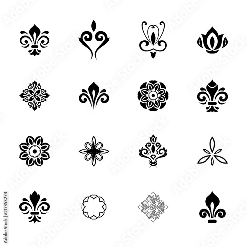 Vintage set of black and white elements. Different elements for decoration and design frames, cards, menus, backgrounds and monograms. Classic patterns. Set of vintage patterns