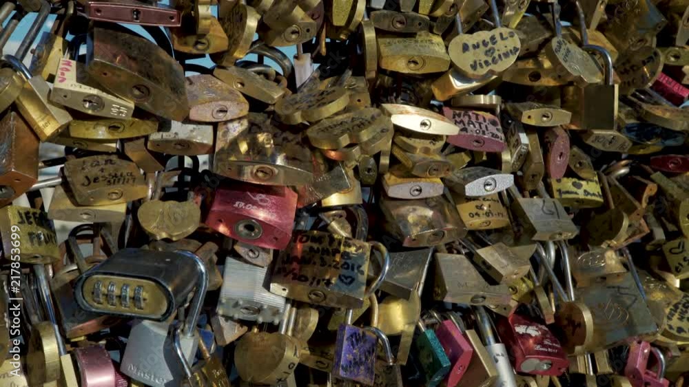 Love padlocks on a railings of Pond Neuf, Paris Love padlocks on a railings of Pond Neuf, Paris