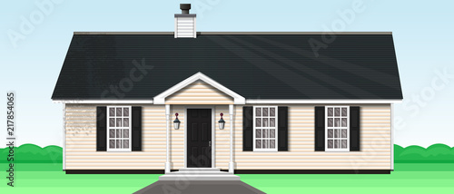 Countryside private house on the nature. One-storey wooden house with a trumpet and three windows. Vector illustration