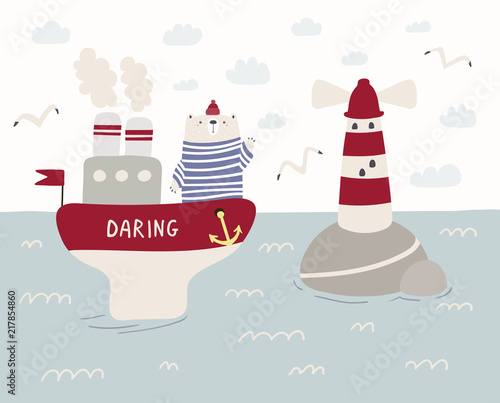 Hand drawn vector illustration of a cute funny sailor bear sailing on a ship, lighthouse, seagulls, clouds. Scandinavian style flat design. Concept for kids, nursery print.