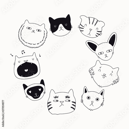 Set of cute funny black and white doodles of different cats faces. Round frame with copy space. Isolated objects. Hand drawn vector illustration. Line drawing. Design concept for poster, t-shirt print