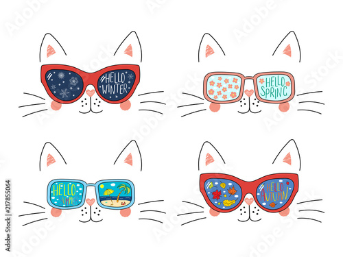 Set of cute cat faces in sunglasses with summer, autumn, winter, spring symbols reflected, text. Isolated objects on white. Hand drawn vector illustration. Line drawing. Concept four seasons.