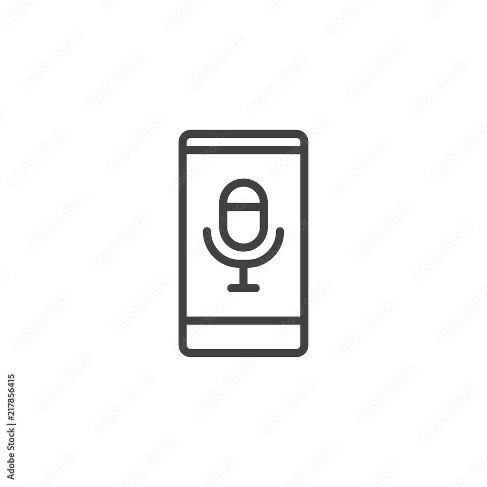 Smartphone with microphone outline icon. linear style sign for mobile concept and web design. Dictaphone simple line vector icon. Voice recording symbol, logo illustration. Vector graphics Smartphone with microphone outline icon. linear style sign for mobile concept and web design. Dictaphone simple line vector icon. Voice recording symbol, logo illustration. Vector graphics