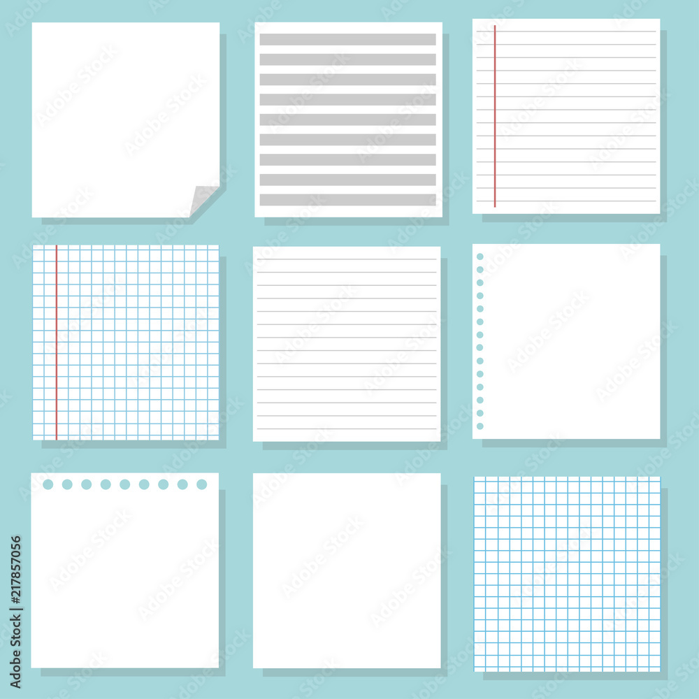 Set of different notebook paper. Set of white paper. School sheets Set of different notebook paper. Set of white paper. School sheets