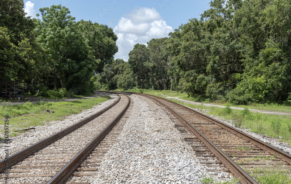 Summerfield, Florida, USA, 2018. Railroad signals and track passing through North Florida countryside.