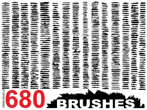 Vector very large collection or set of 680 artistic black paint or ink hand made creative brush stroke backgrounds isolated on white as grunge or grungy art, education abstract elements frame design