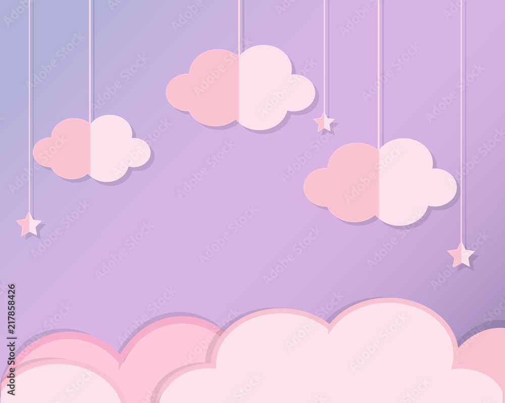 Clouds and stars in violet sky. Background in paper cut, paper craft style for baby, kids and nursery design, invitations, banners