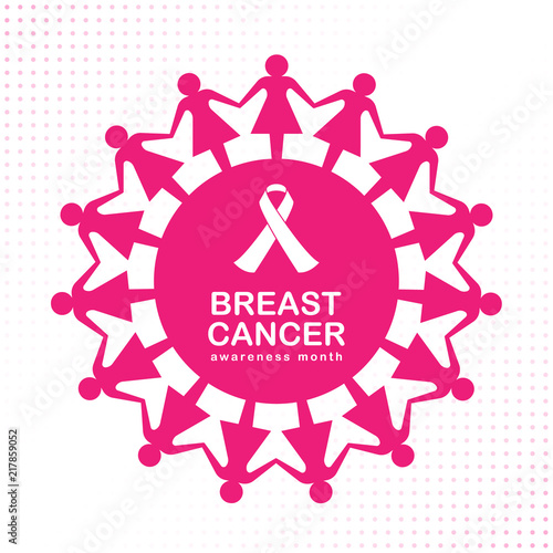 Breast cancer Awareness month banner with ribbon sign in pink woman hold hand around circle sign abstract circle frame vector design