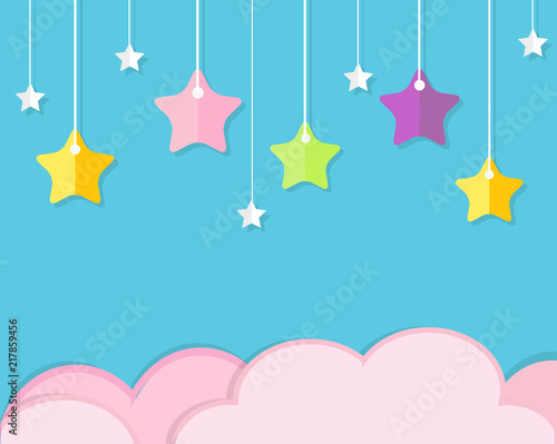 Sky background with pink clouds and colorful hanging stars. Background in paper cut, paper craft style. For baby, kids and nursery design, invitations, banners