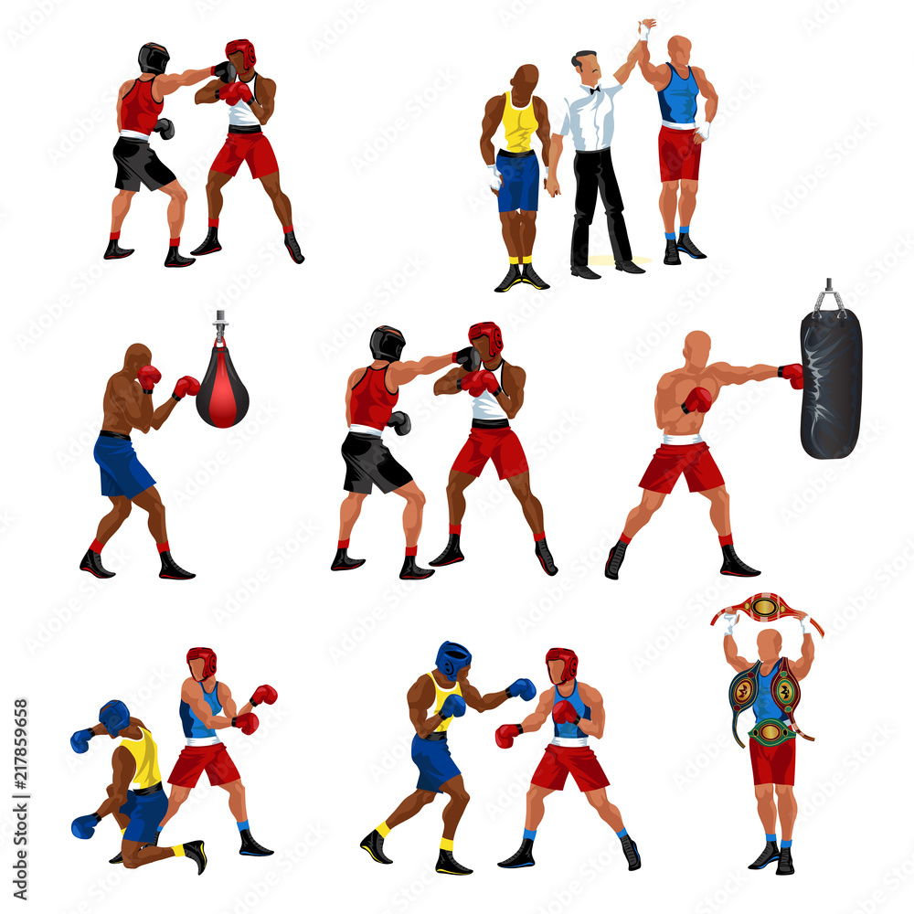Box flat set consist of sparring referee announces victory boxer punching bag knockdown and professional sportsman with champion's belts vector illustration