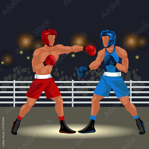 Boxing match in ring flat poster. Professional boxers in sportswear and equipment having battle spectacle event vector illustration.