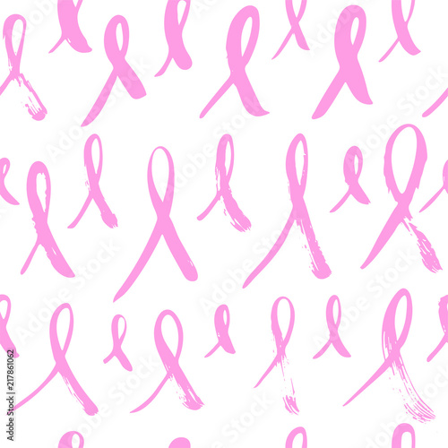 Hand drawn October Breast Cancer Awareness Month seamless pattern isolated on the white background. Brush ink vector illustration for banners, greeting card, poster design.