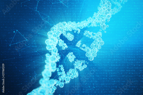 Digital DNA molecule, structure. Concept binary code human genome. DNA molecule with modified genes. 3D illustration